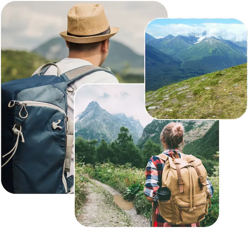 Travelers with backpacks hiking mountain trails